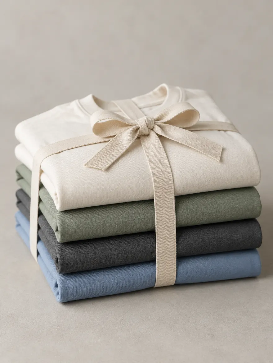 Four folded tees in muted colours tied with a cotton ribbon