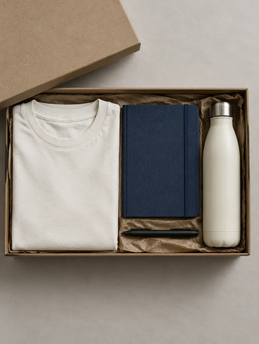 A kraft box with a folded tee, a notebook and a steel bottle