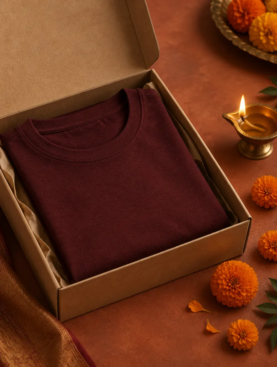 A gift box with a burgundy tee beside a lit diya and marigolds