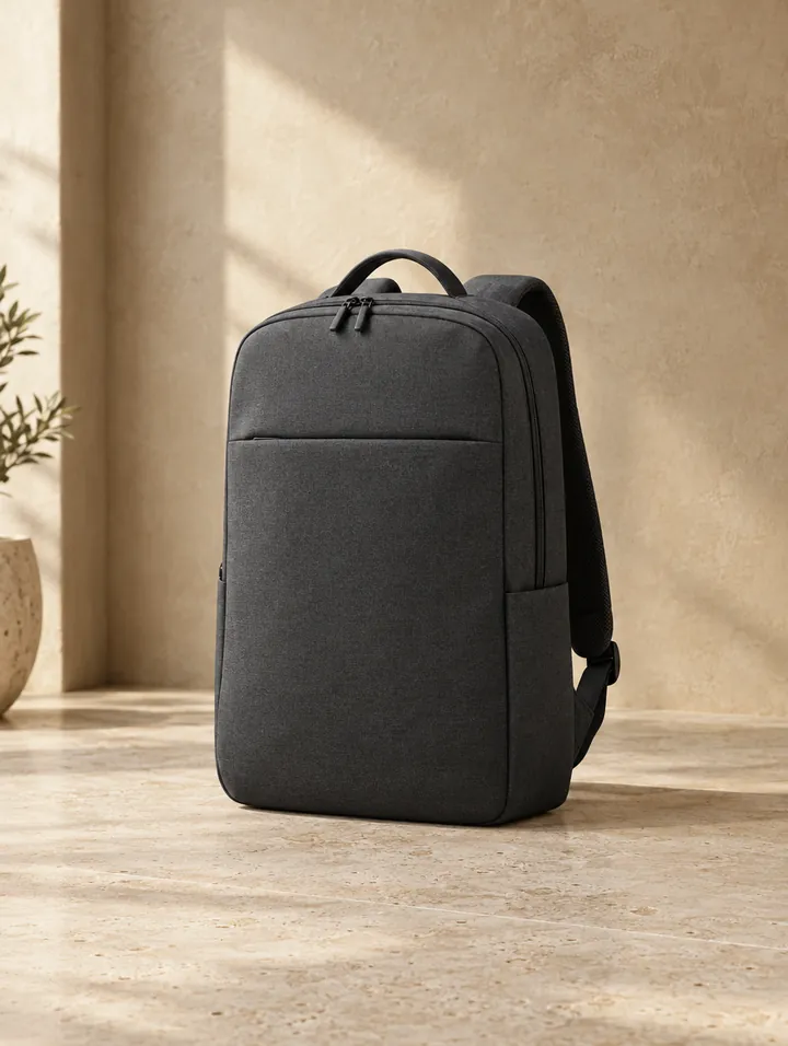 A charcoal laptop backpack standing on stone