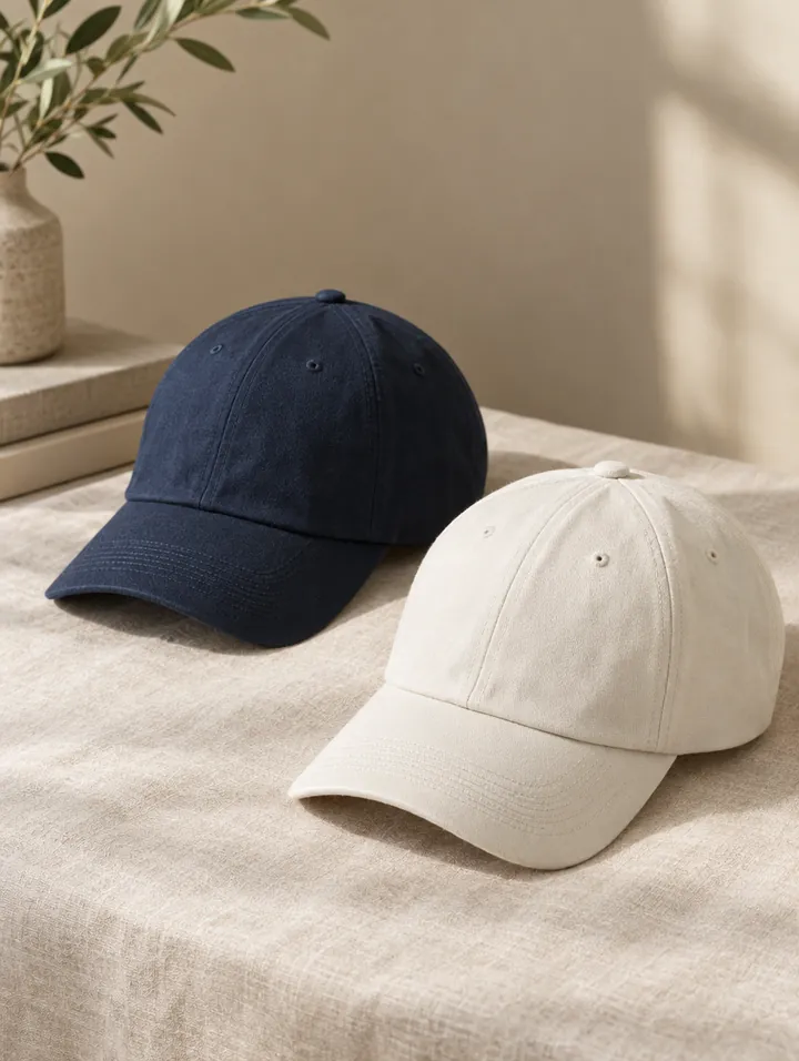 Two six-panel caps on linen