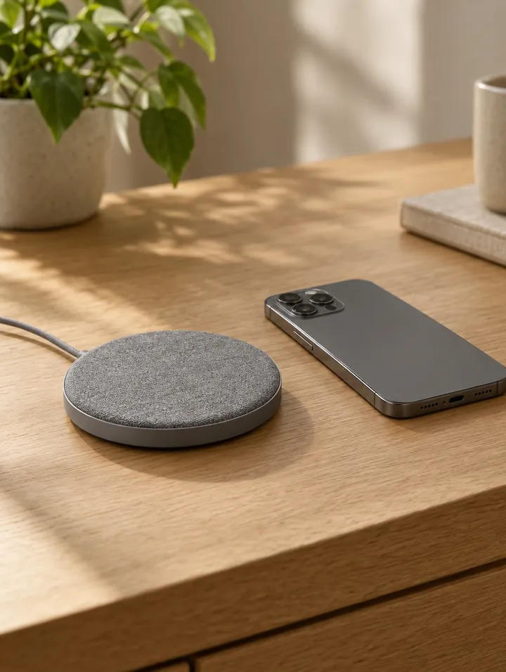 A round fabric wireless charging pad with a phone beside it