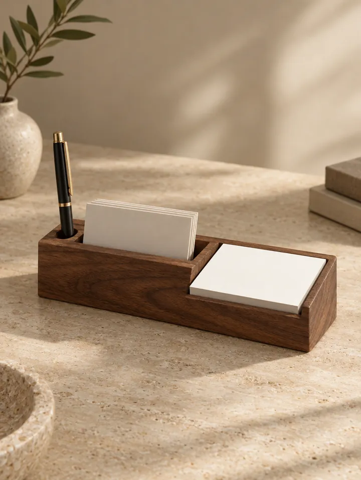 A wooden desk organiser with a pen and cards