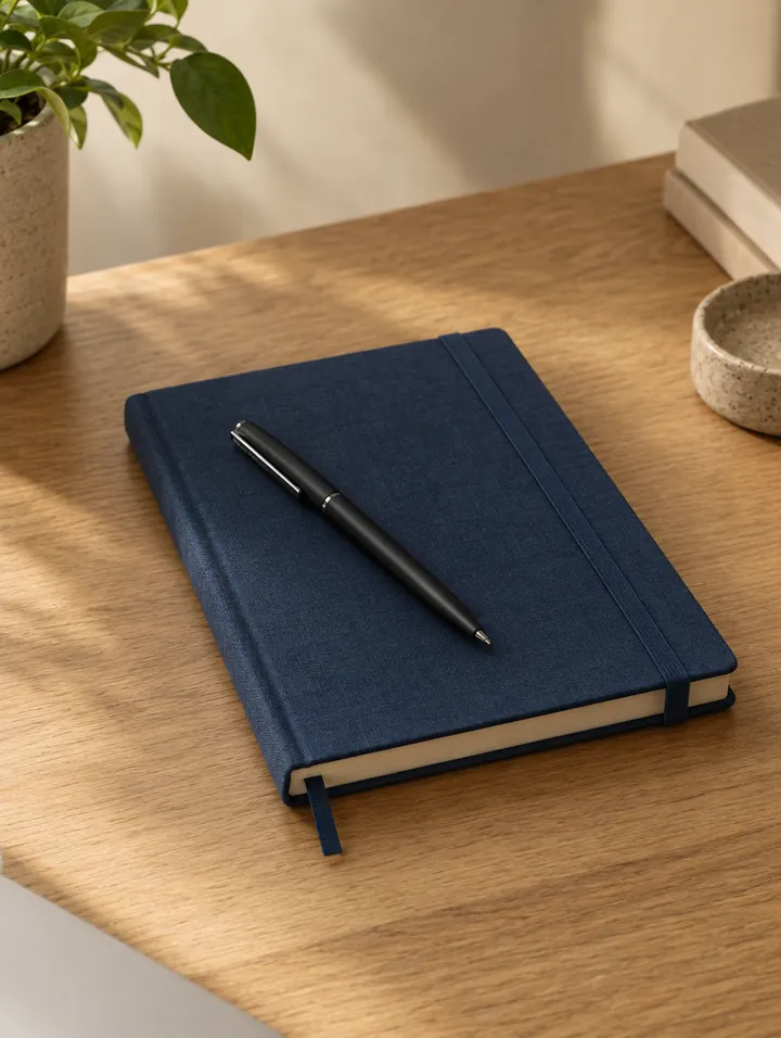 A navy linen diary with a pen on oak