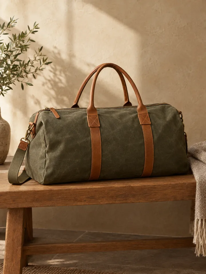 An olive canvas duffel bag on a wooden bench