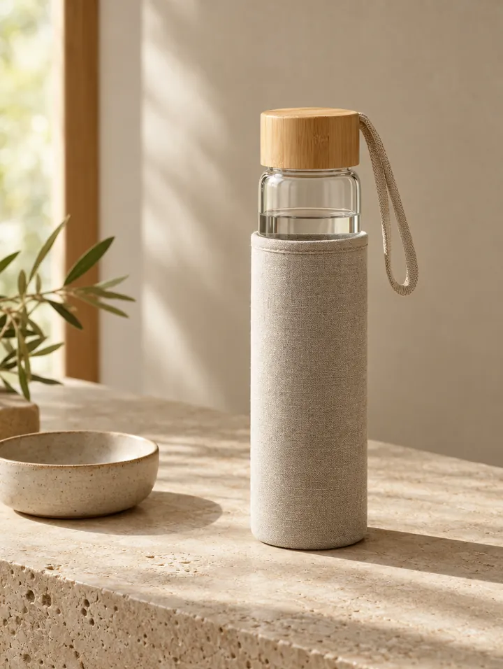 A glass bottle with a bamboo lid on stone