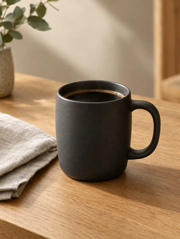 A matte charcoal ceramic mug of coffee on oak