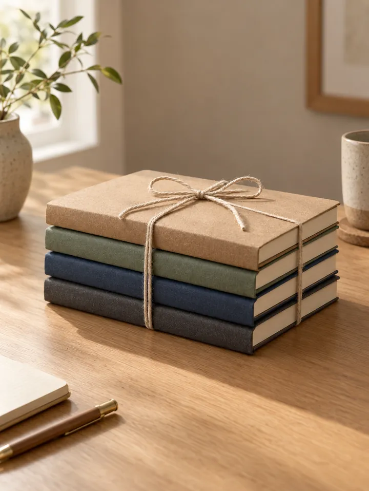 A stack of kraft notebooks tied with twine
