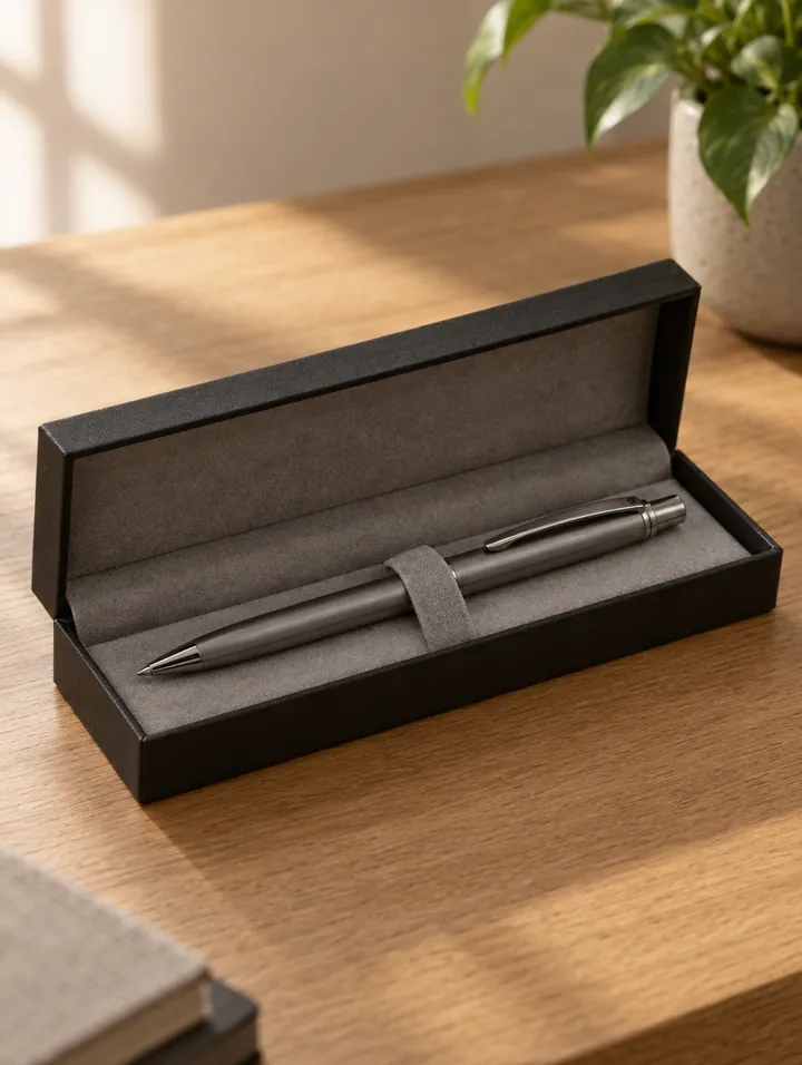 A metal pen in an open gift case