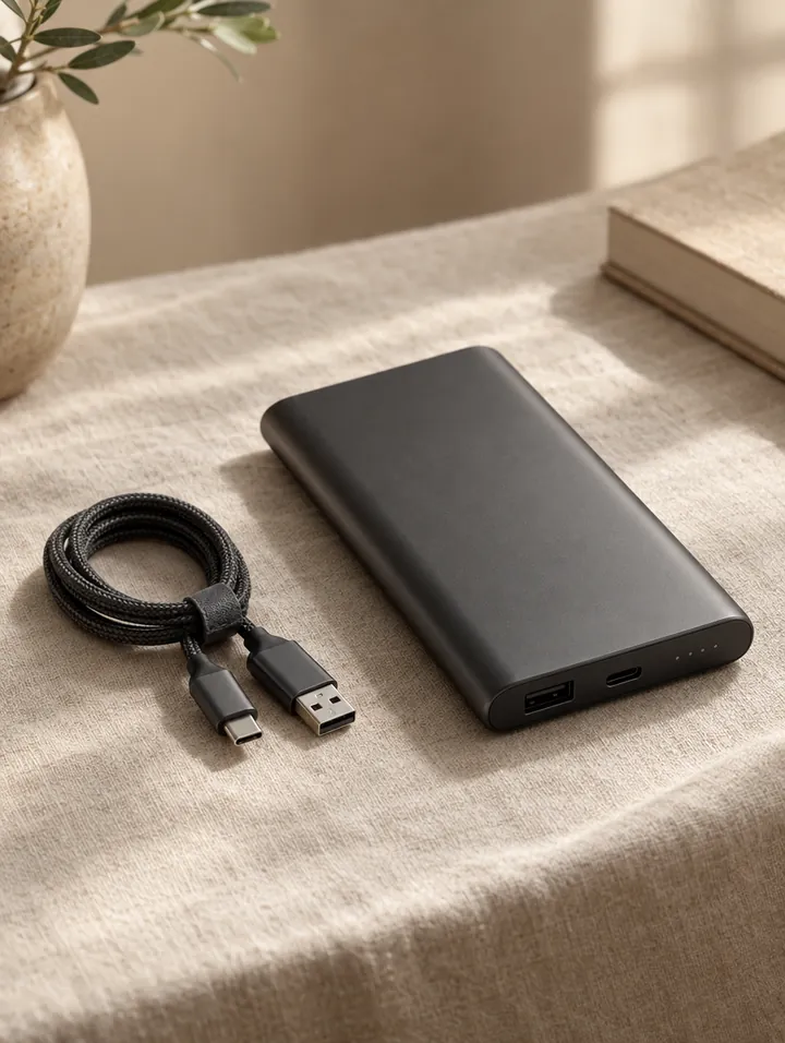 A slim matte power bank with a cable on linen