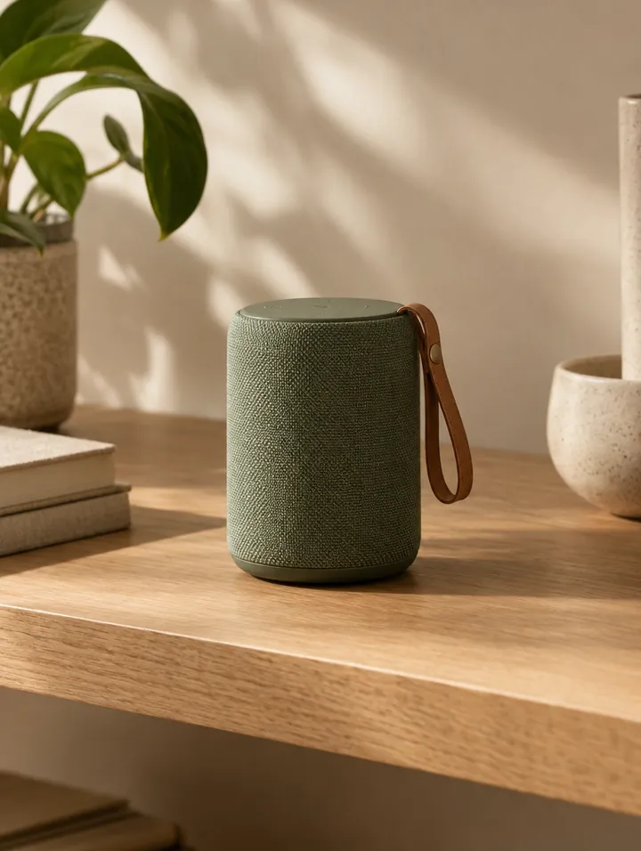 A small fabric-covered bluetooth speaker on oak