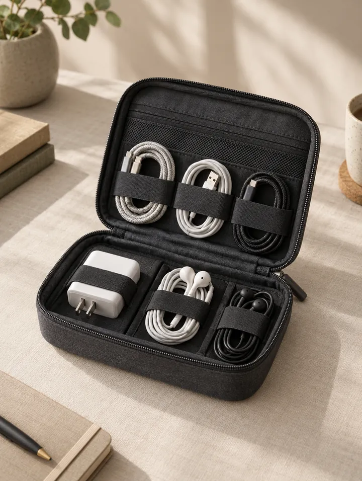 An open zip case holding cables and an adapter