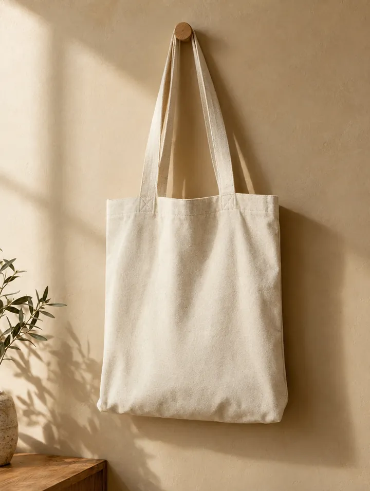 A natural canvas tote bag hanging on a hook