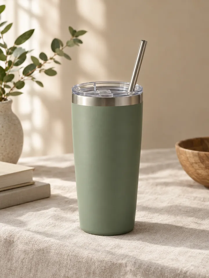 A sage steel tumbler with a lid and straw on linen