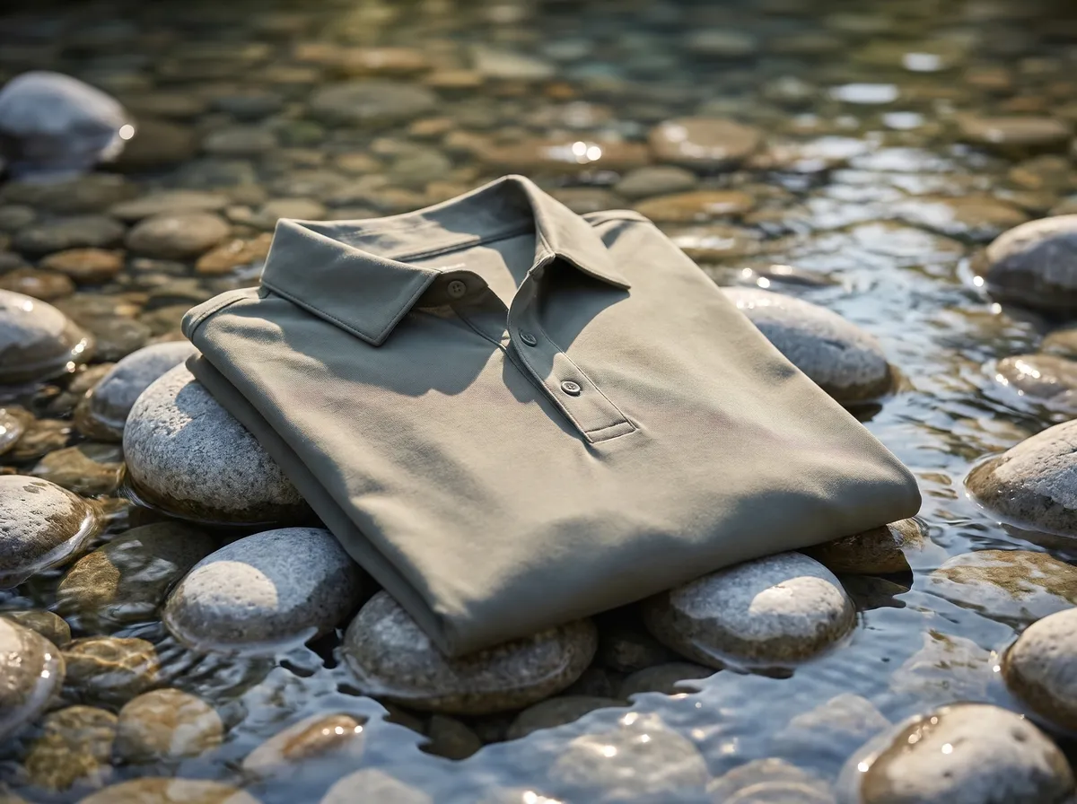 Active Polo in Aluminium, beside a smooth river stone
