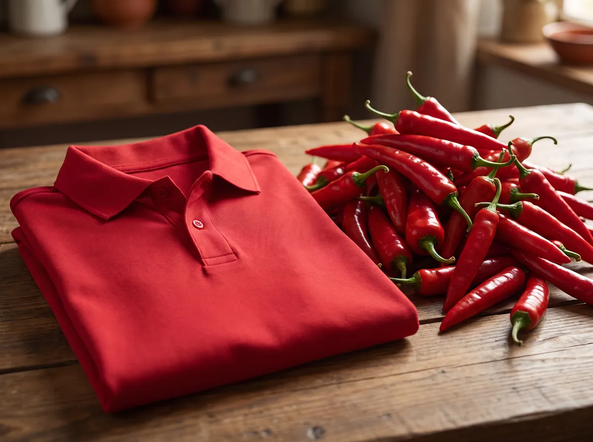 Active Polo in Arrow Red, beside red chillies