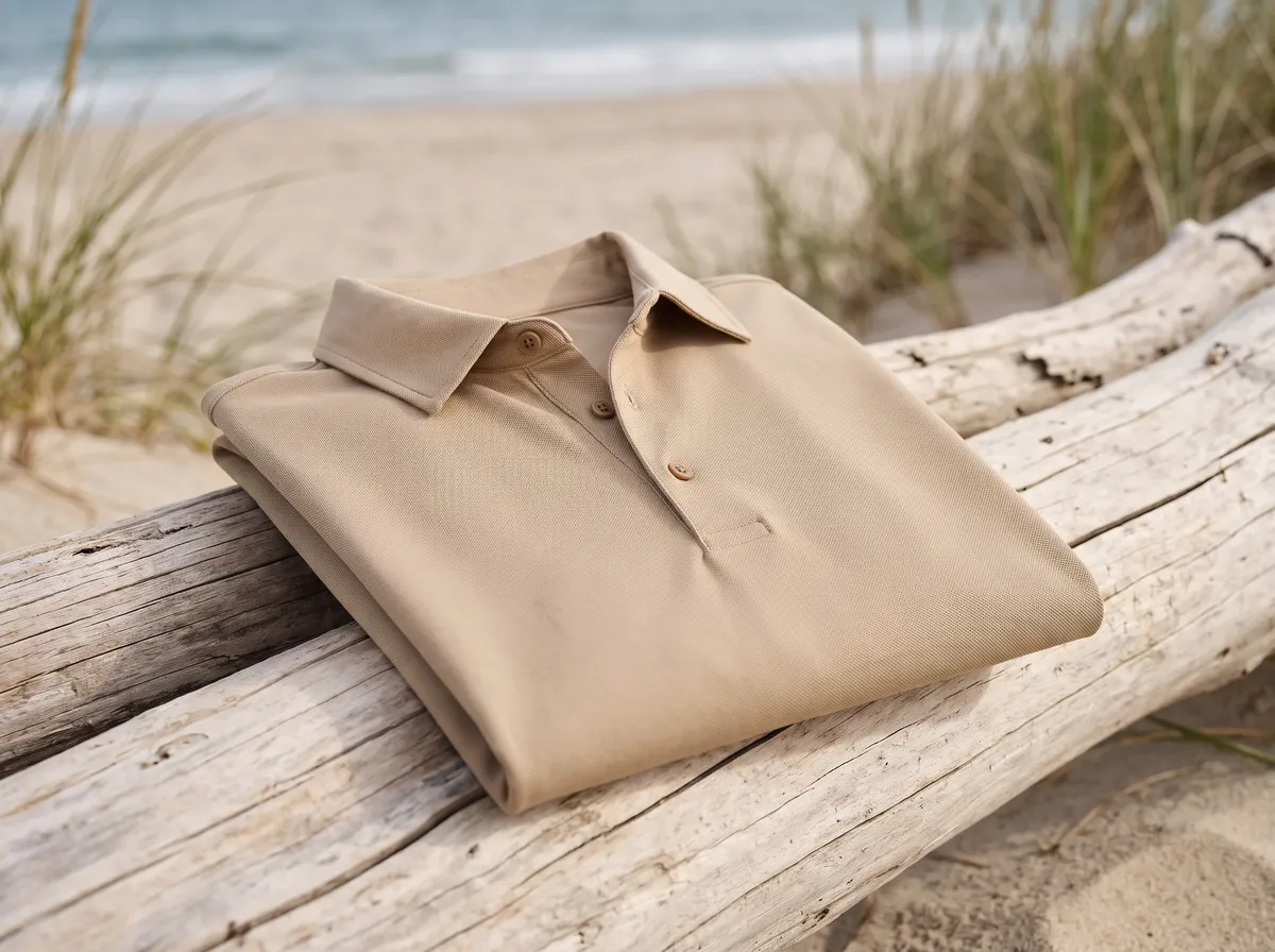 Active Polo in Beige, beside driftwood