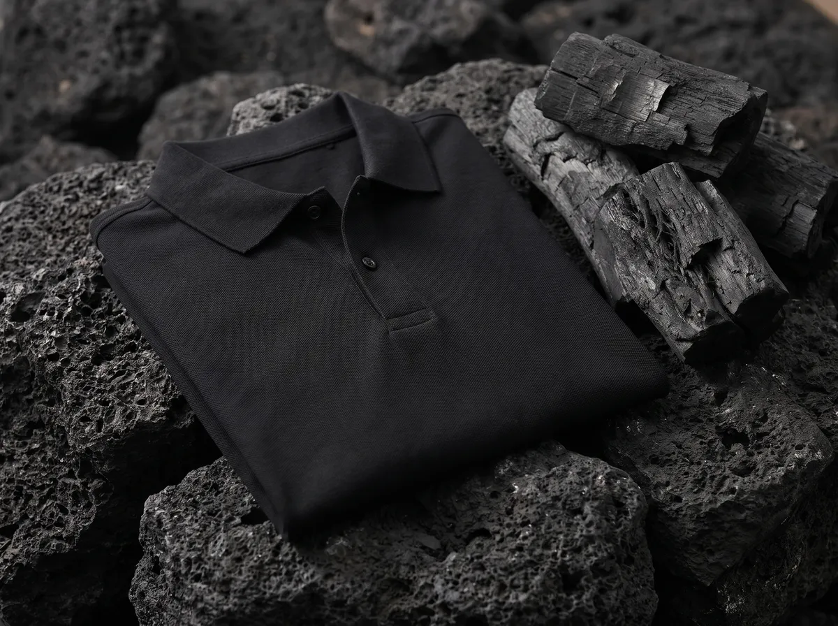 Active Polo in Black, beside raw charcoal and volcanic stone