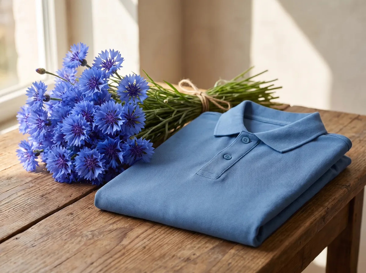 Active Polo in Blue, beside cornflowers