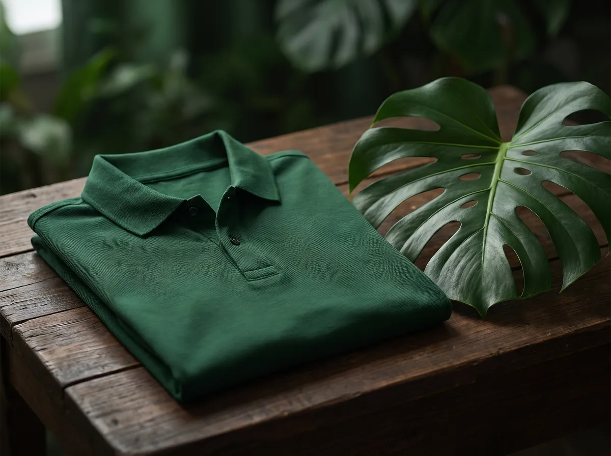 Classic Polo in Bottle Green, beside a monstera leaf