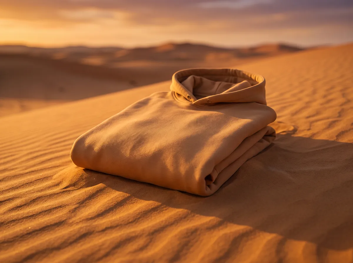Classic Oversized Hoodie in Camel, beside a desert dune at sunset