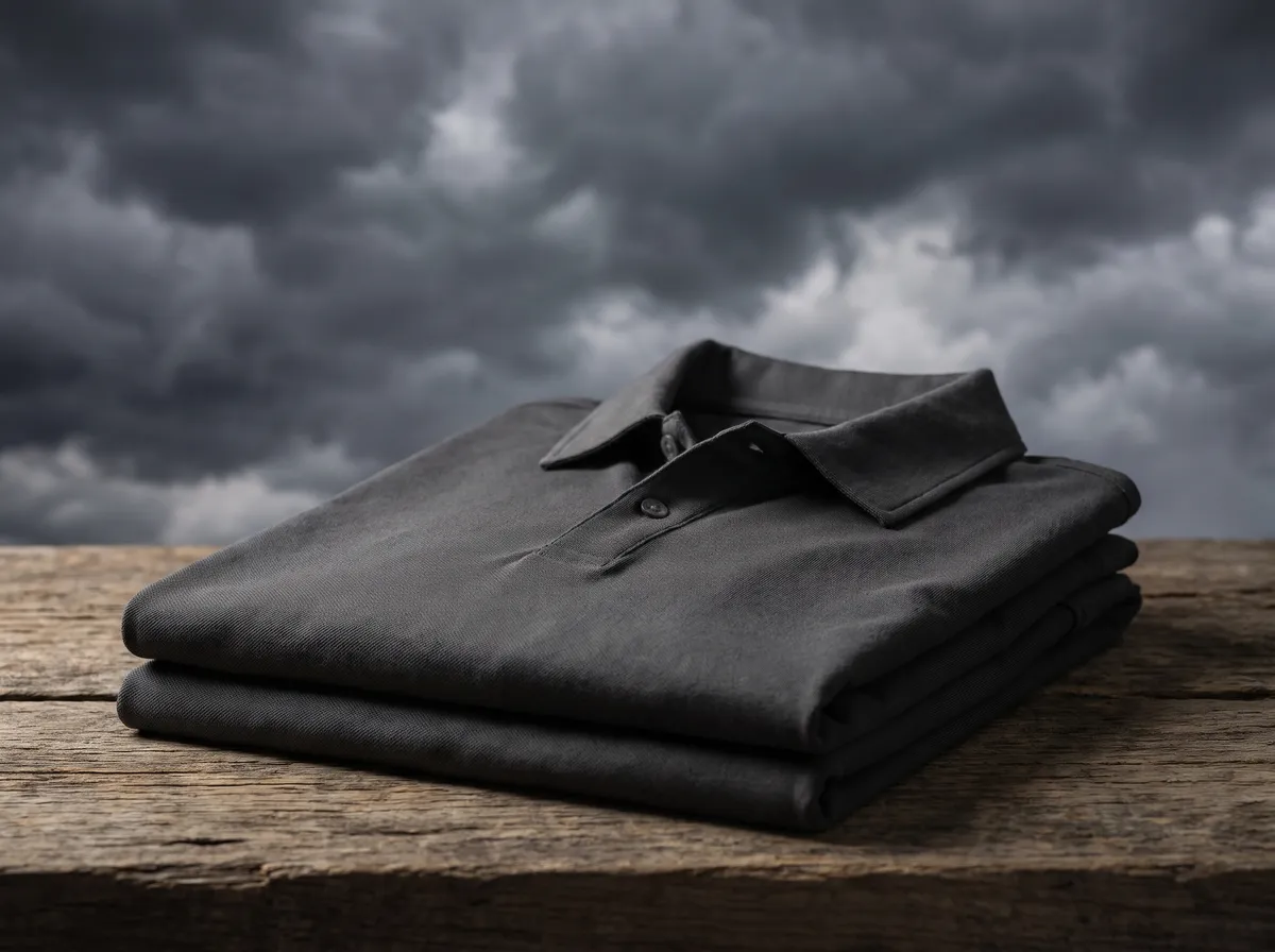 Active Polo in Charcoal, beside storm clouds