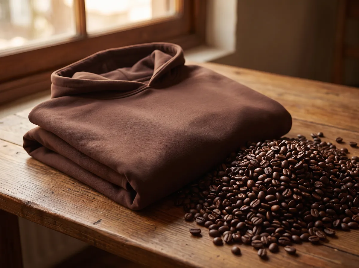 Classic Oversized Hoodie in Coffee, beside coffee beans