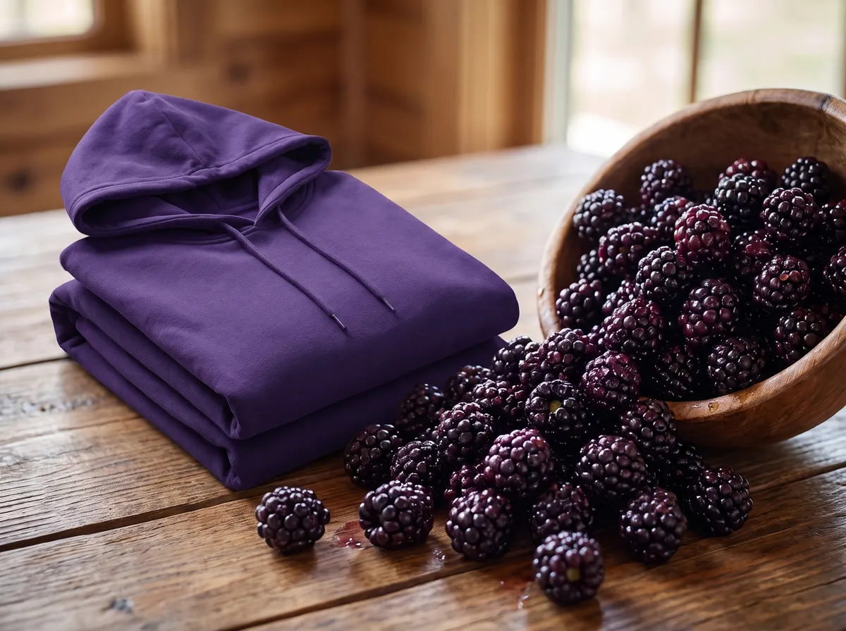 Classic Hoodie in Dark Purple, beside blackberries