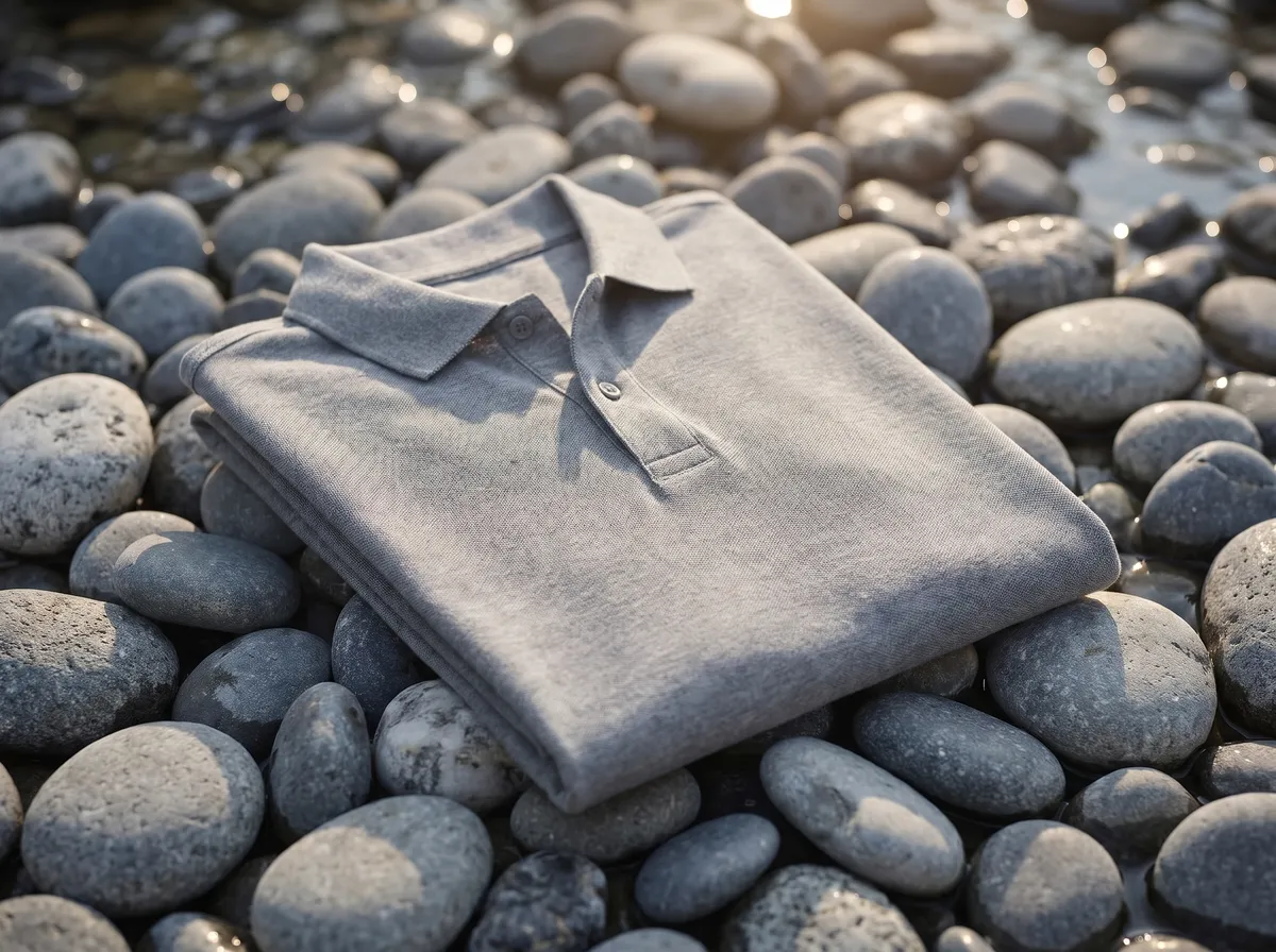 Classic Crewneck in Grey Melange, beside river pebbles