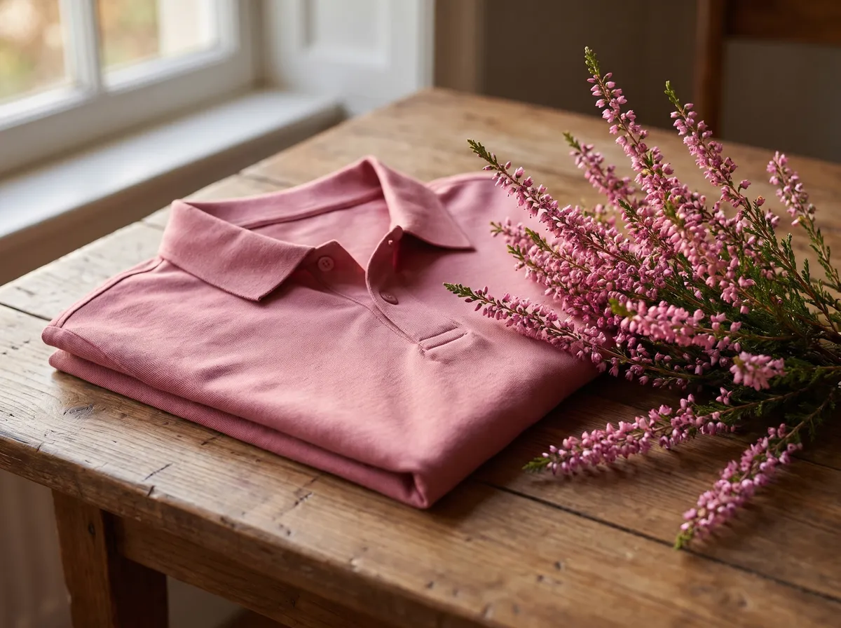 Active Polo in Heather Rose, beside heather in bloom
