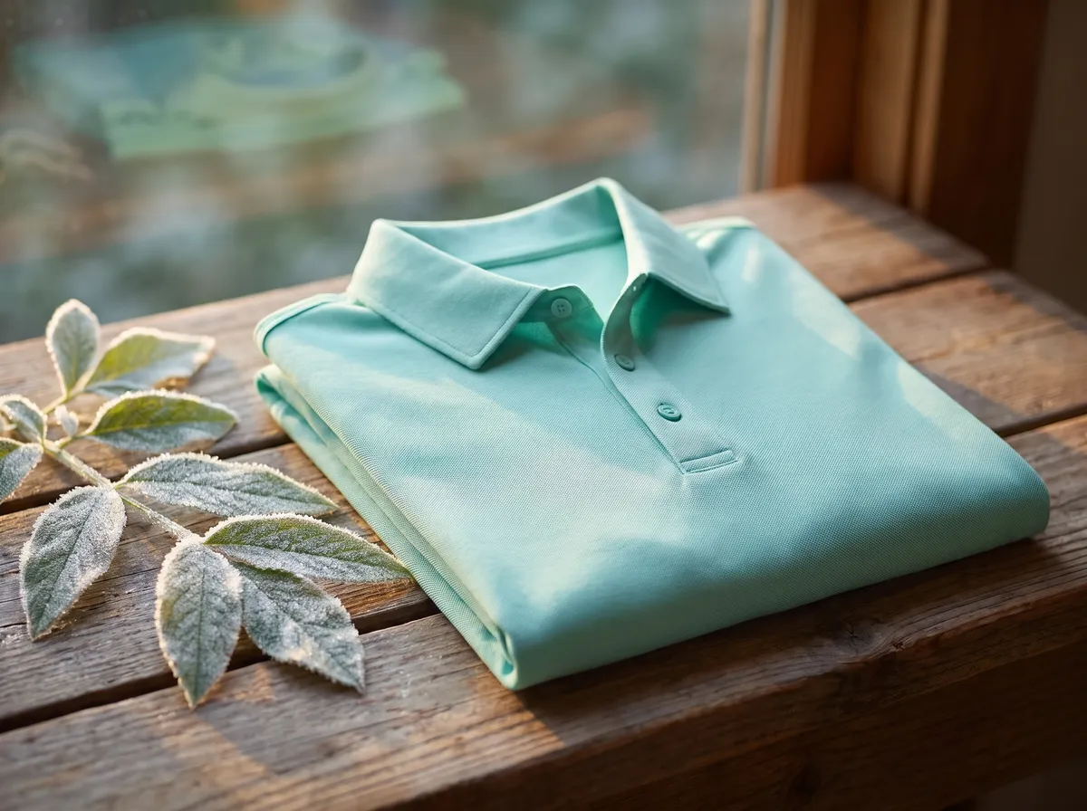 Active Polo in Ice Green, beside frosted leaves