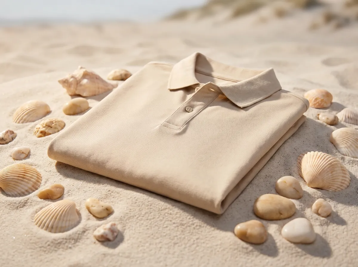 Classic Polo in Light Beige, beside seashells