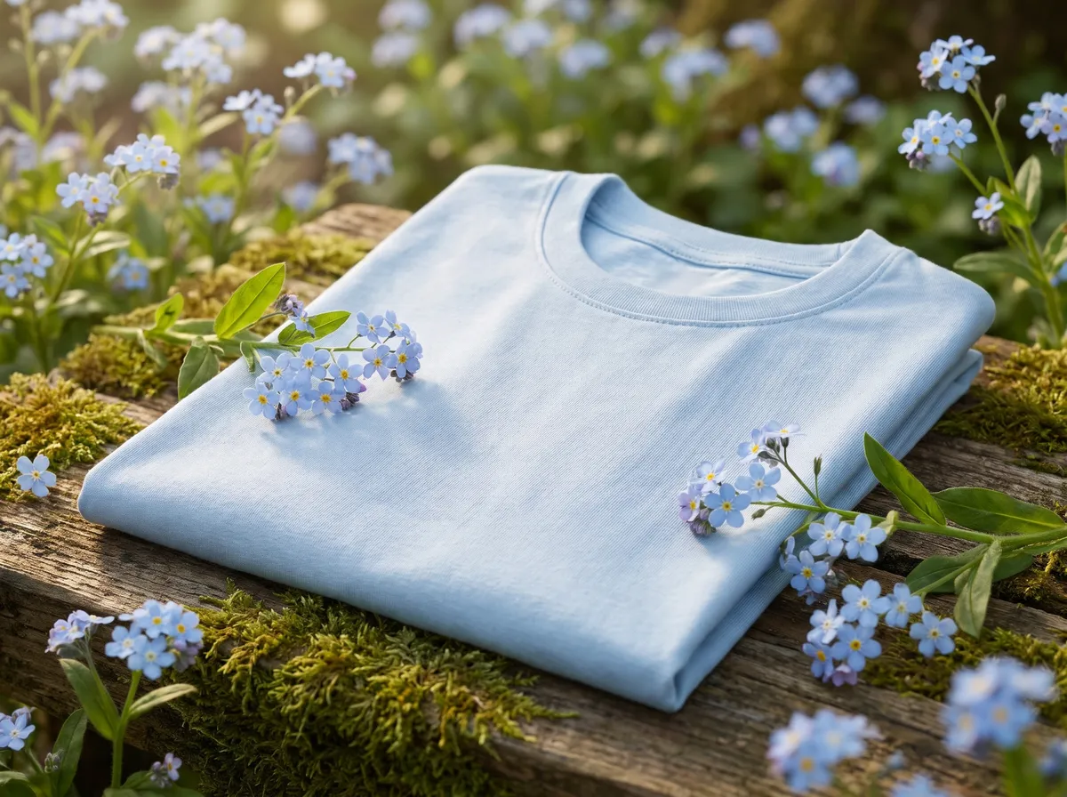 Classic Oversized in Light Blue, beside forget-me-nots
