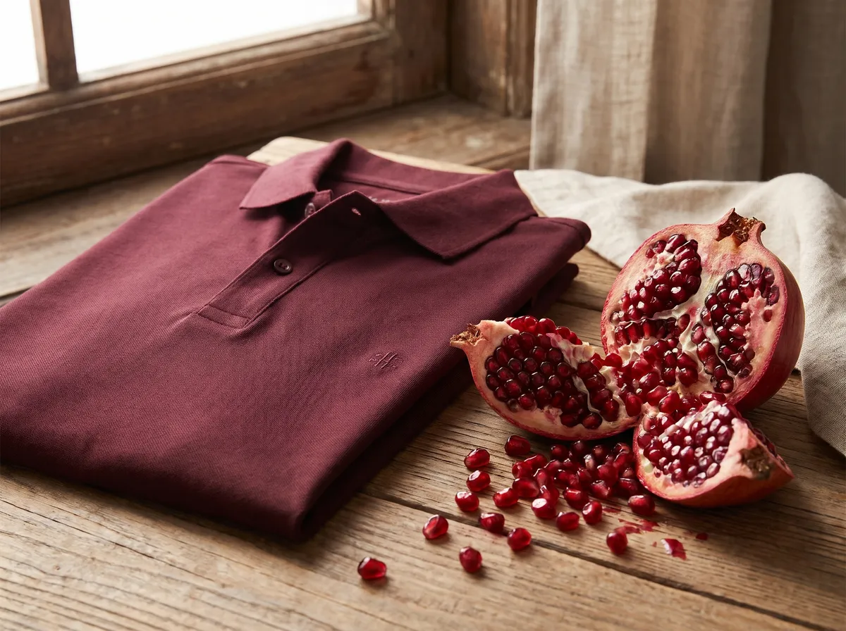 Classic Polo in Maroon, beside pomegranate