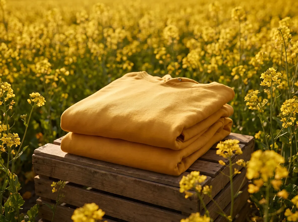 Classic Oversized Hoodie in Mustard, beside a mustard field in flower