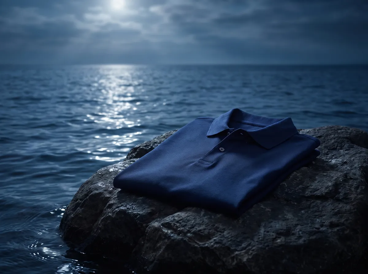 Active Polo in Navy, beside the deep sea at night