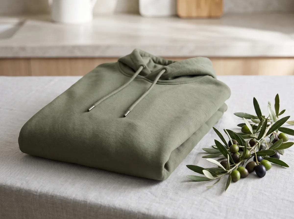 Classic Hoodie in Olive Green, beside olives