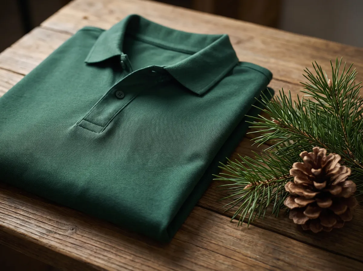 Active Polo in Pine Green, beside pine needles