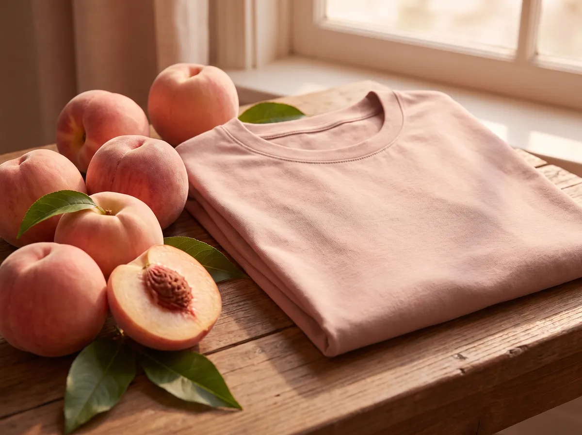 Signature Crewneck in Powder Nude, beside a ripe peach