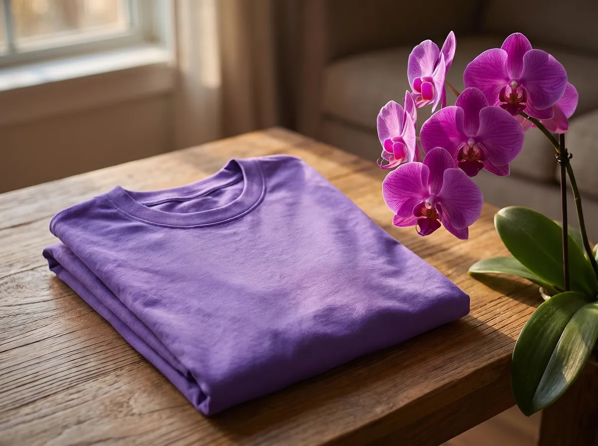 Classic Oversized in Purple, beside an orchid