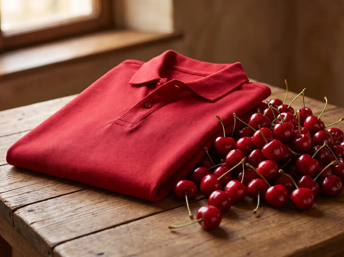 Classic Kids Polo in Red, beside ripe cherries