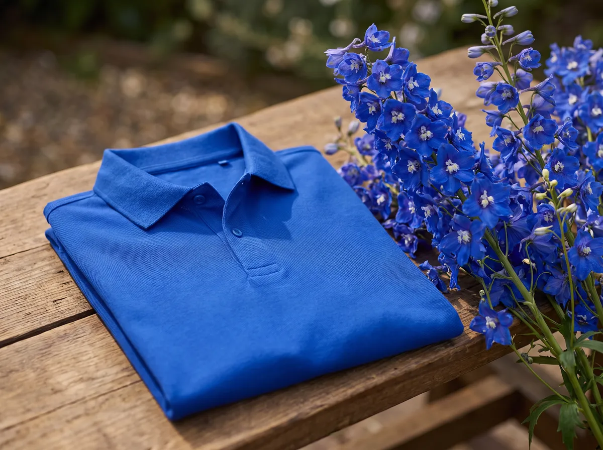 Classic Polo in Royal Blue, beside delphiniums