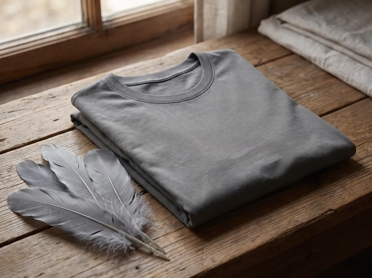 Classic Crewneck in Soft Grey, beside a dove's feather