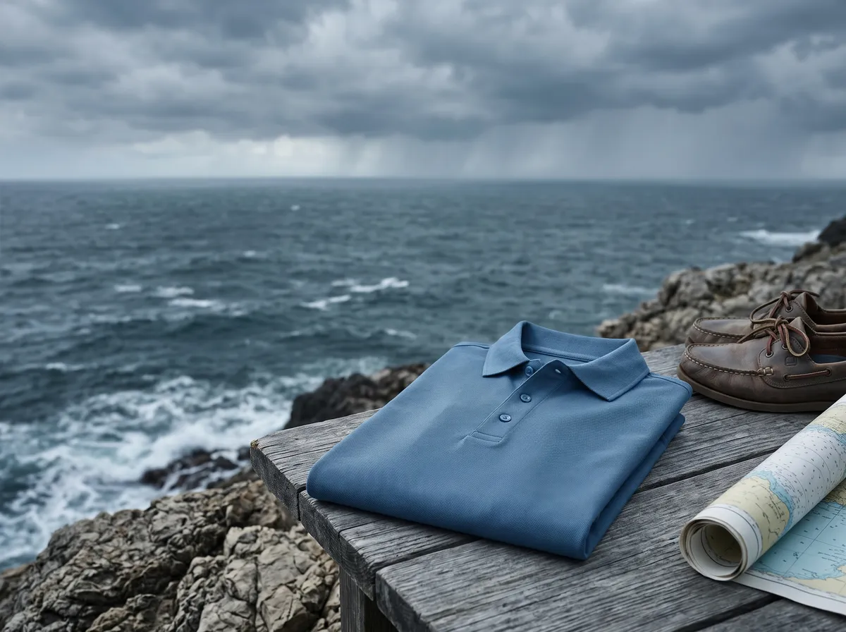 Classic Polo in Steel Blue, beside a monsoon sea