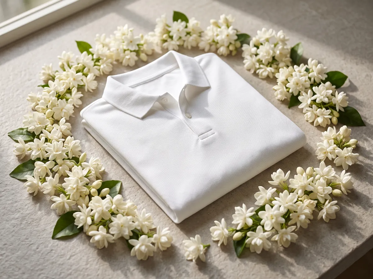 Active Polo in White, beside jasmine
