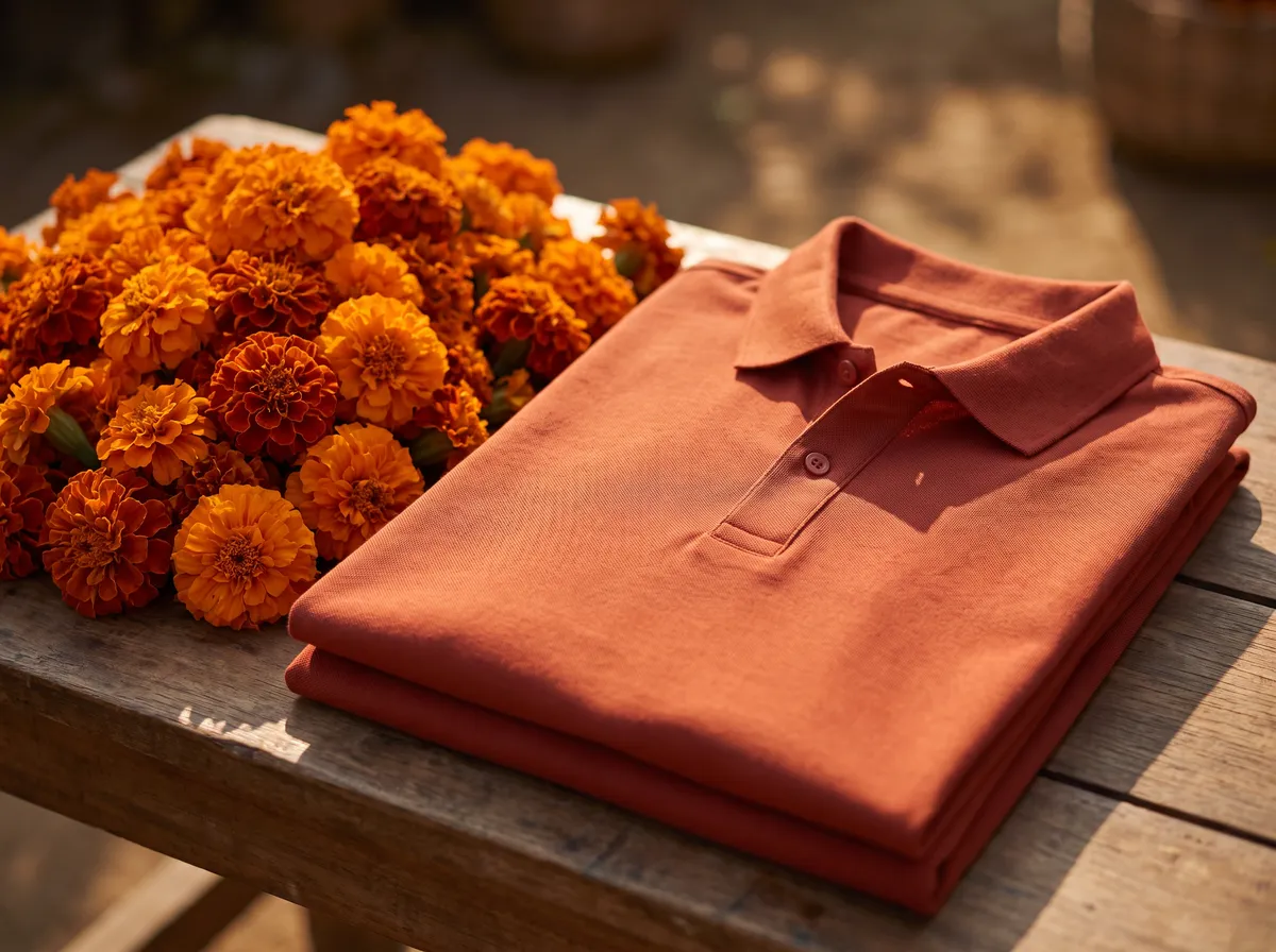 Active Polo in Woody Orange, beside marigolds