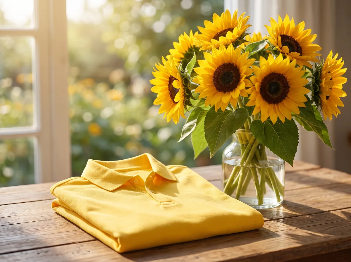 Active Polo in Yellow, beside a sunflower