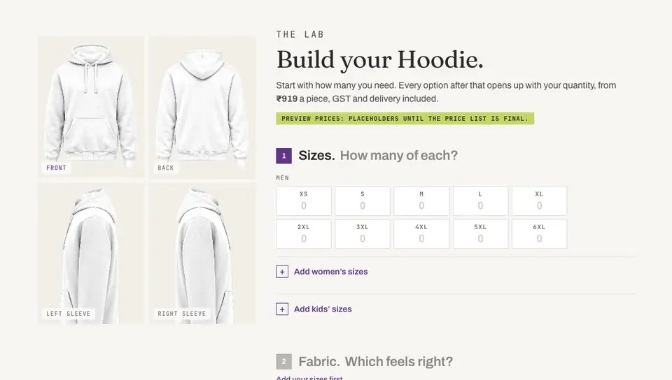 The hoodie builder in use: sizes typed in, fleece and grey melange chosen, a navy hood and pocket, a logo on the front, then the order summary