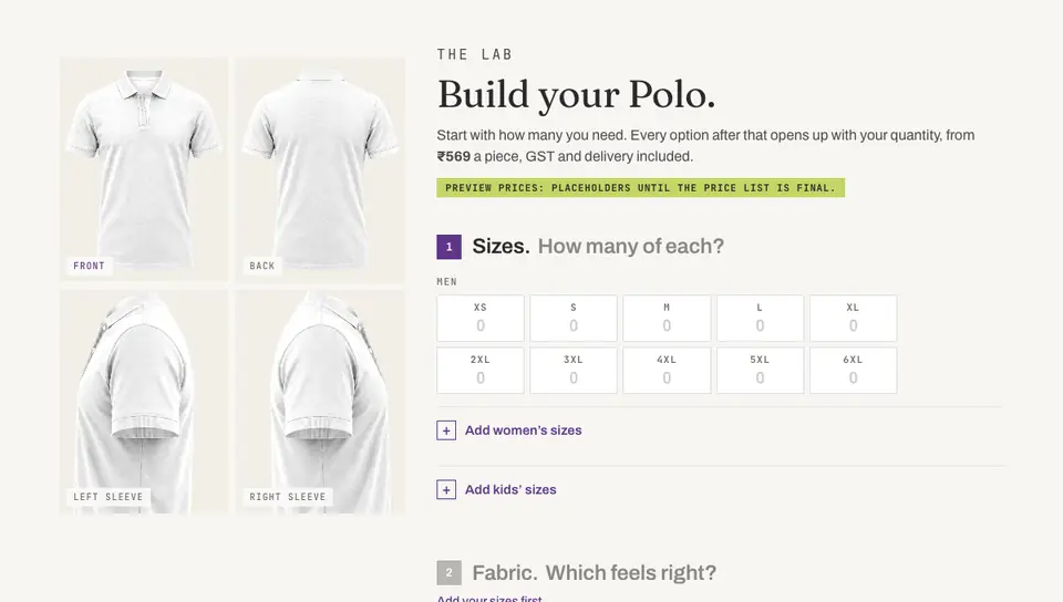 The polo builder in use: sizes typed in, pique and navy chosen, a white collar and placket, a logo on the left chest, then the order summary