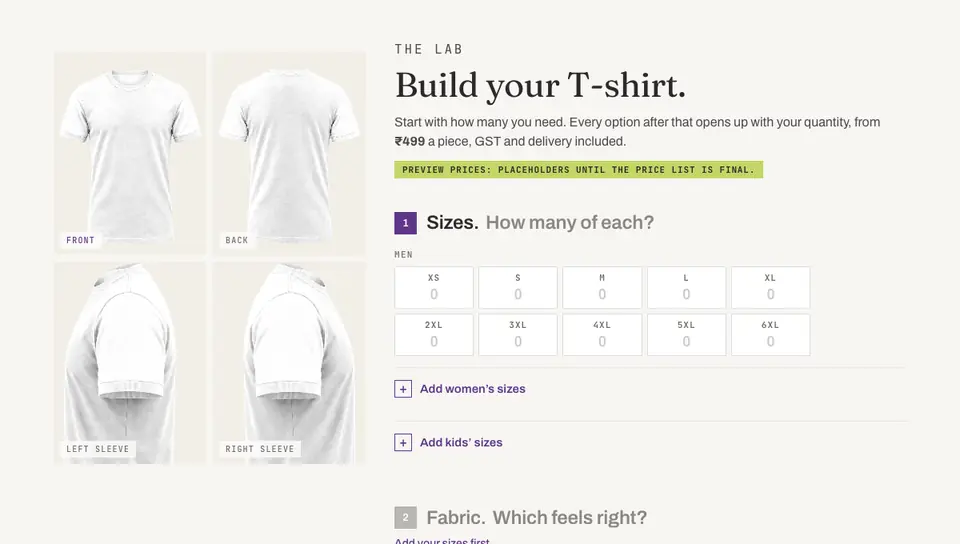 The t-shirt builder in use: sizes typed in, cotton and navy chosen, a white neck rib, a logo dropped on the chest, then the order summary